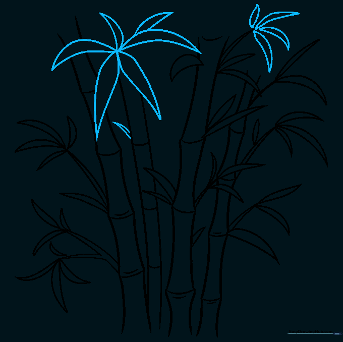 Adding final leaf clusters in a starburst pattern at the top of the bamboo stalks.