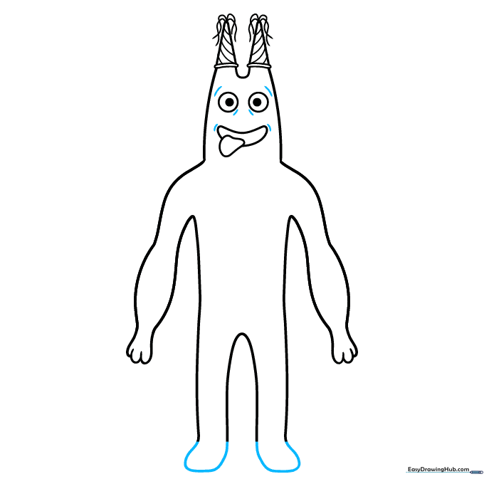 Finalizing the character outline with feet and facial details.