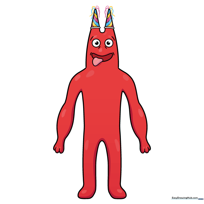 Fully colored Banban character with red skin and colorful party hats.