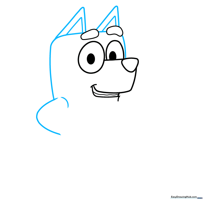 Drawing the square head shape and two triangular ears on top of Bandit's head.