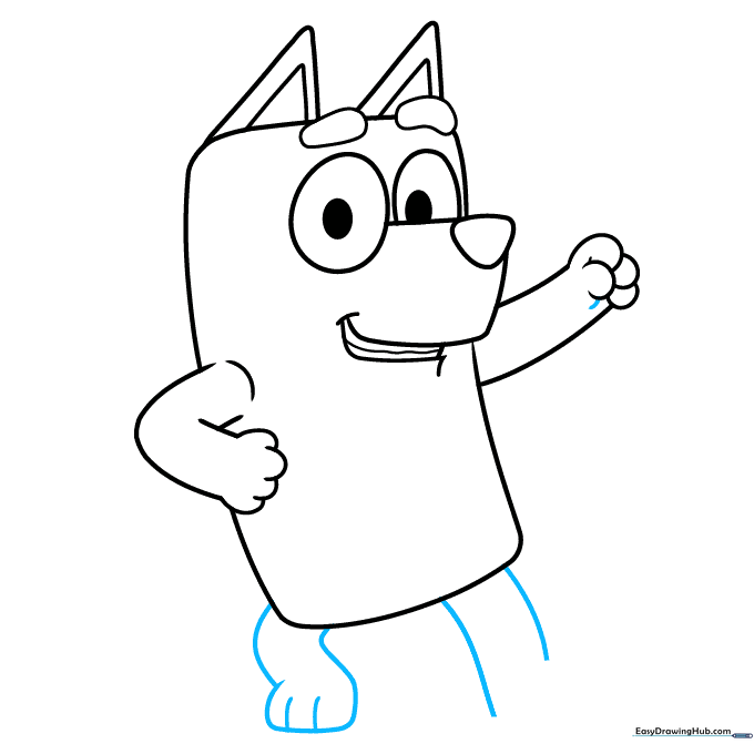 Drawing the legs and feet with simple toe details.