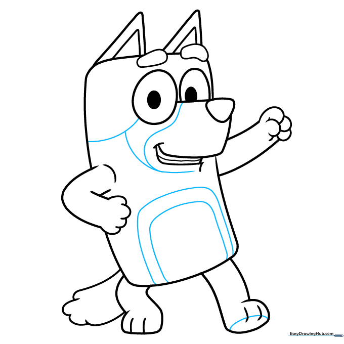 Adding depth to the feet and sketching the characteristic spots on Bandit's body.
