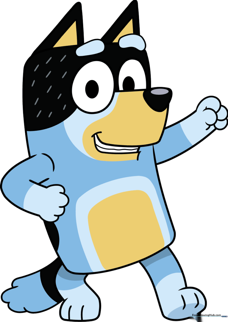 A vibrant, completed illustration of Bandit Heeler from Bluey, perfect for kids to reference.