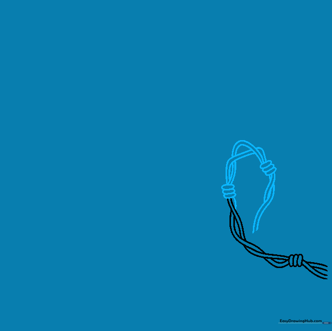Drawing showing two barbed wire knots connected by two parallel curved lines to suggest a twisted metal texture.