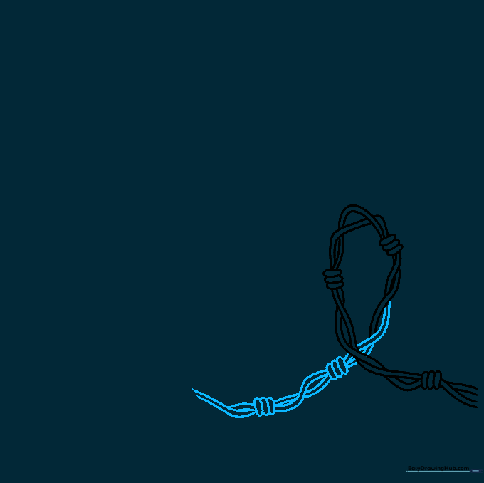 Progressive drawing of a barbed wire strand showing three knots connected by twisted lines.