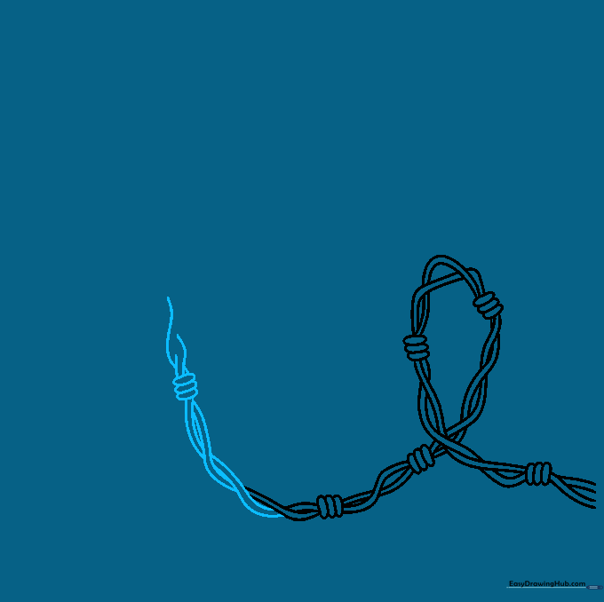 Drawing of barbed wire with an upward-extending segment and a new barb knot added.