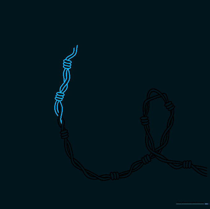 Drawing showing the barbed wire strand curving and looping with additional knots.