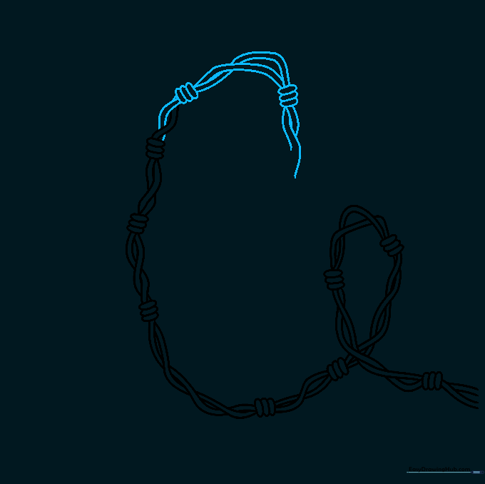 Drawing of a barbed wire loop showing the wire doubling back on itself with two new knots.