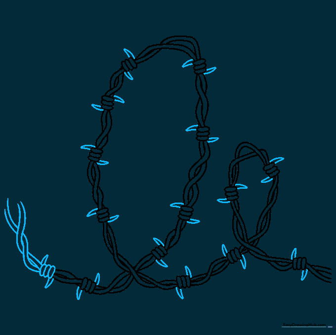 Drawing showing the addition of sharp triangular points to all the barbed wire knots.