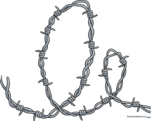 A detailed, finished illustration of a coil of barbed wire, showcasing sharp barbs and twisted metal texture.