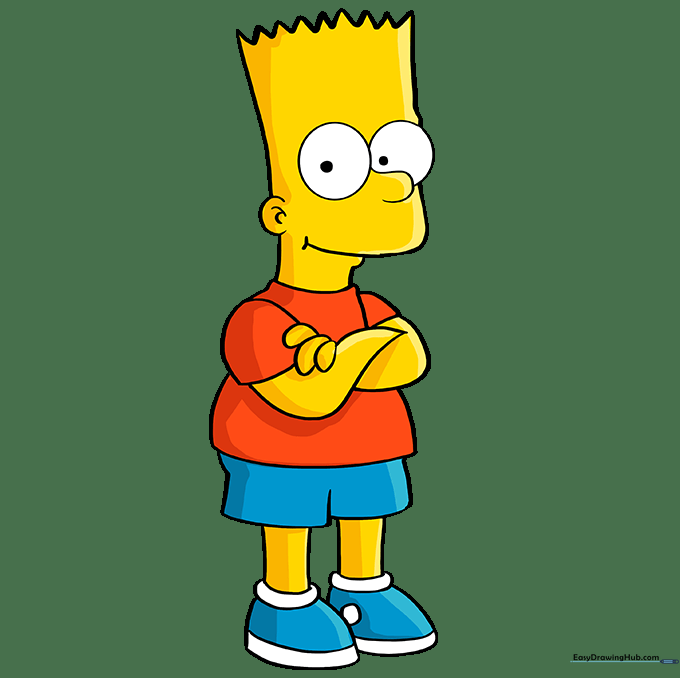 The completed Bart Simpson drawing, fully colored in yellow, red, and blue.