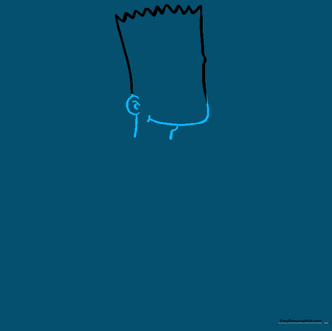Drawing the lower jawline, mouth area, and ear detail for Bart Simpson.