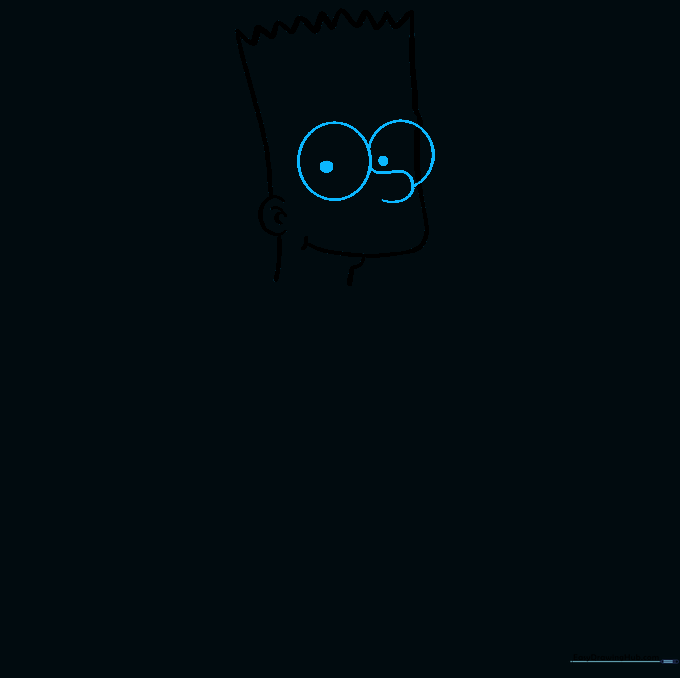 Adding two large circular eyes with pupils and a small curved nose to the Bart Simpson sketch.