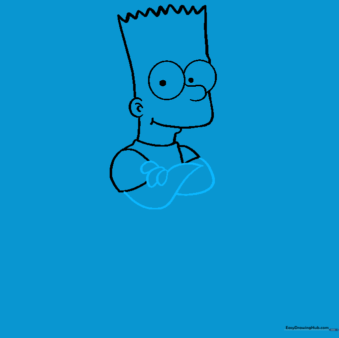 Sketching Bart Simpson's folded arms and fingers with simple geometric shapes.