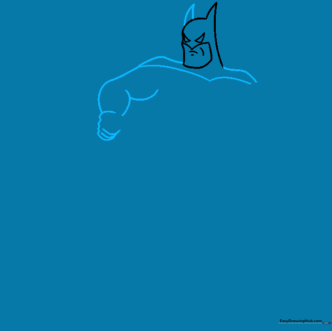 Drawing Batman's shoulders and muscular arms using simple curved lines.