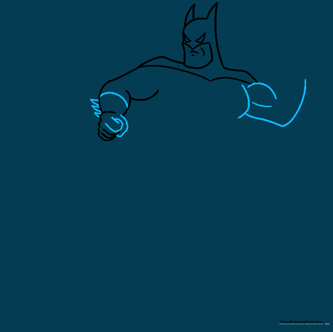 Adding detail to Batman's gloves with triangular spikes and arm definition.