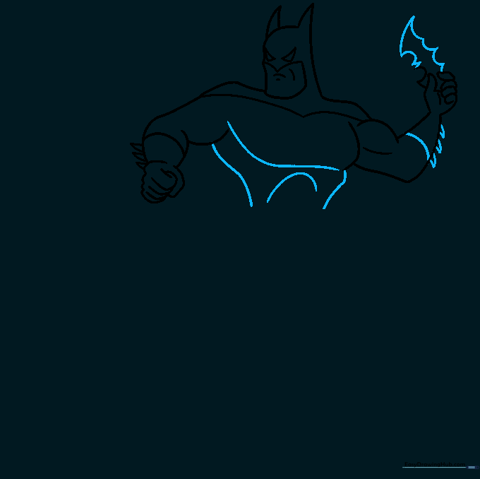 Sketching the muscular chest and torso lines for Batman's suit.