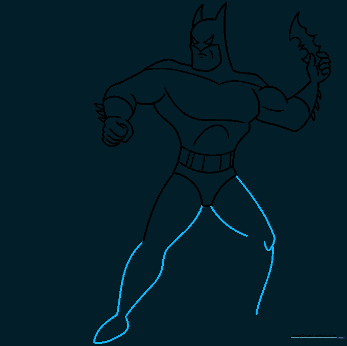 Drawing the muscular legs and knee structure for the Batman figure.