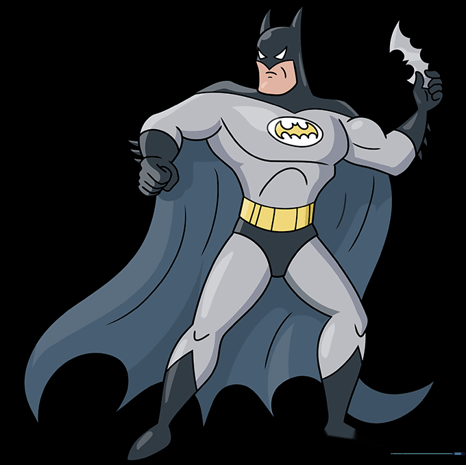 Final colored Batman drawing with black, grey, and yellow accents.