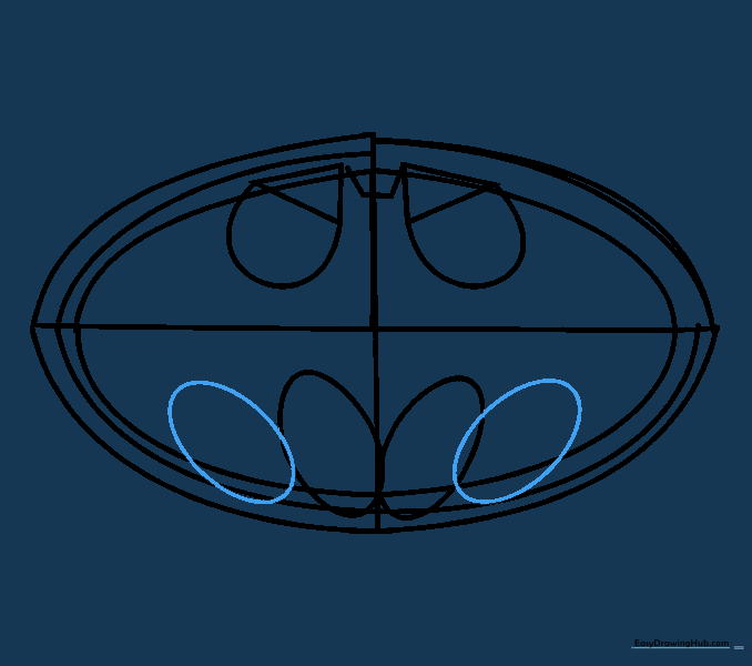 Pencil sketch showing the final wing ovals added to complete the Batman logo outline.