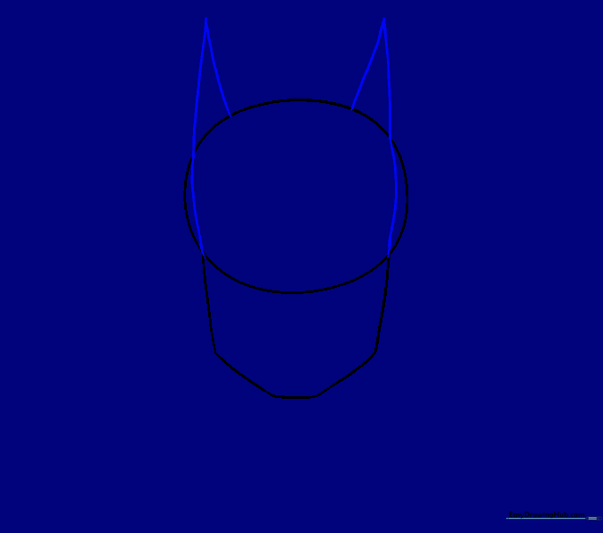 Sketch of Batman's cowl showing the addition of two sharp, triangular ears on top of the head.