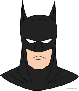 A high-quality, finished illustration of Batman's face, showcasing the final result of the tutorial.