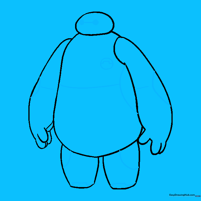 Detailed view showing the eyes, chest chip, and joint markings on Baymax.
