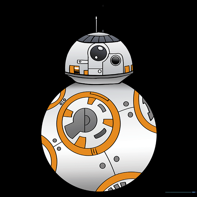 The completed BB-8 drawing colored in white, orange, and grey.