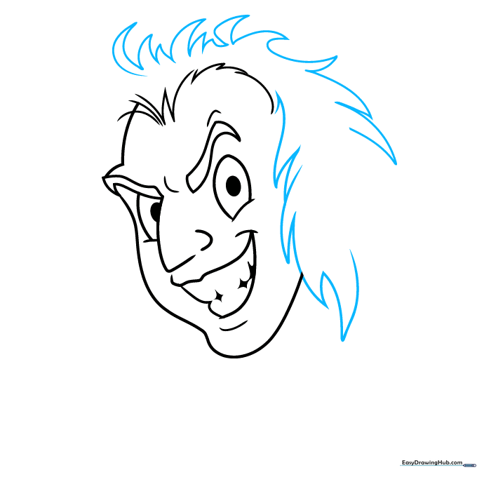 Adding wild, flame-like hair to the Beetlejuice drawing.