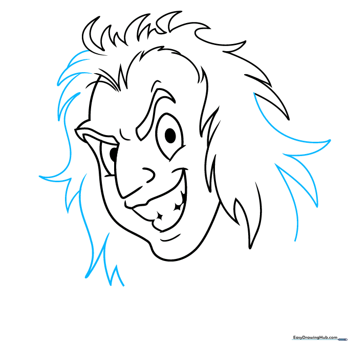 Adding shading and texture lines to the face of the Beetlejuice character.
