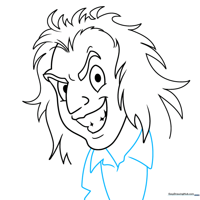 Sketching the collar and neck area of Beetlejuice using triangular shapes.