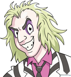 Colorful, finished drawing of Beetlejuice in his iconic striped suit.