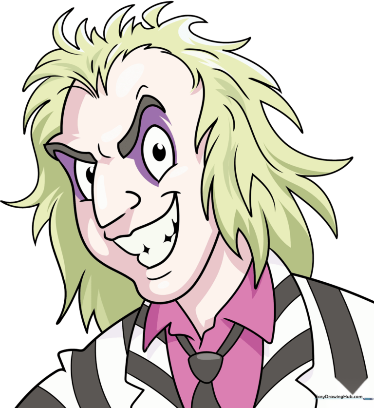 Colorful, finished drawing of Beetlejuice in his iconic striped suit.