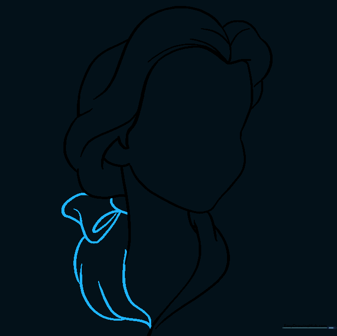 Sketch showing Belle's hair tied back with a bow and ponytail.