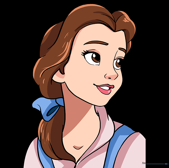 Final colored drawing of Belle with brown hair and her classic blue and white dress.