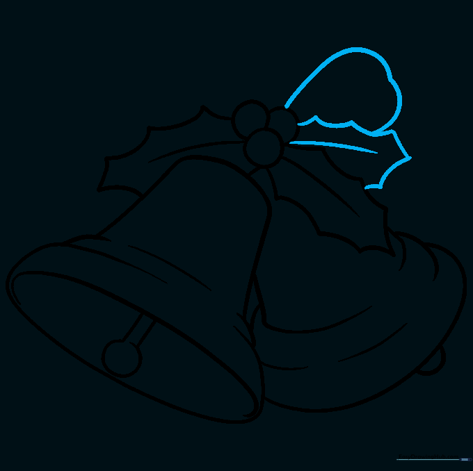 Drawing a third holly leaf and starting the loops of a decorative bow