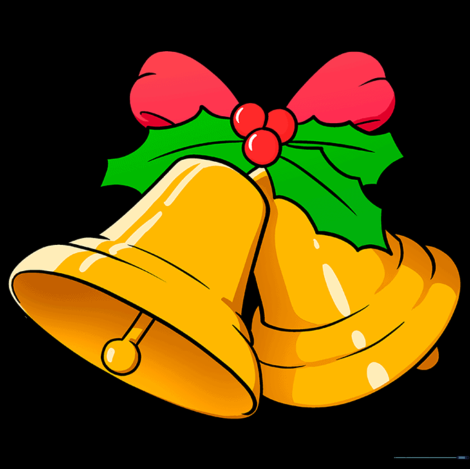 Final colored drawing of two bells with a holly sprig and red bow