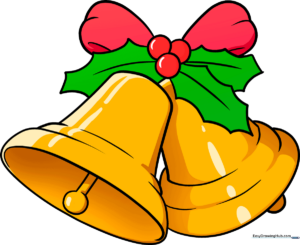 Finished, colorful illustration of festive holiday bells with holly and a bow