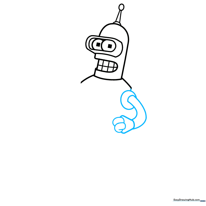 Sketching the first arm of the robot using ovals and curved lines for the hand.