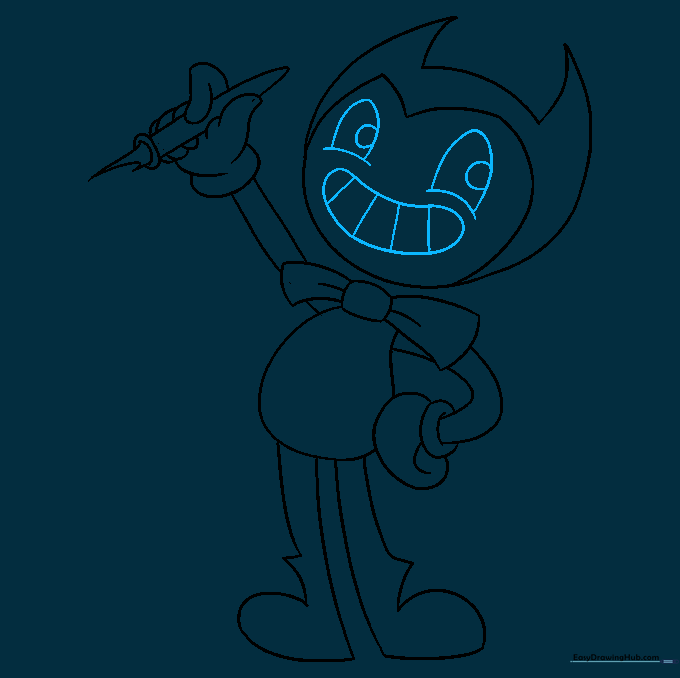 Drawing the expressive eyes and wide, toothy smile on the face.