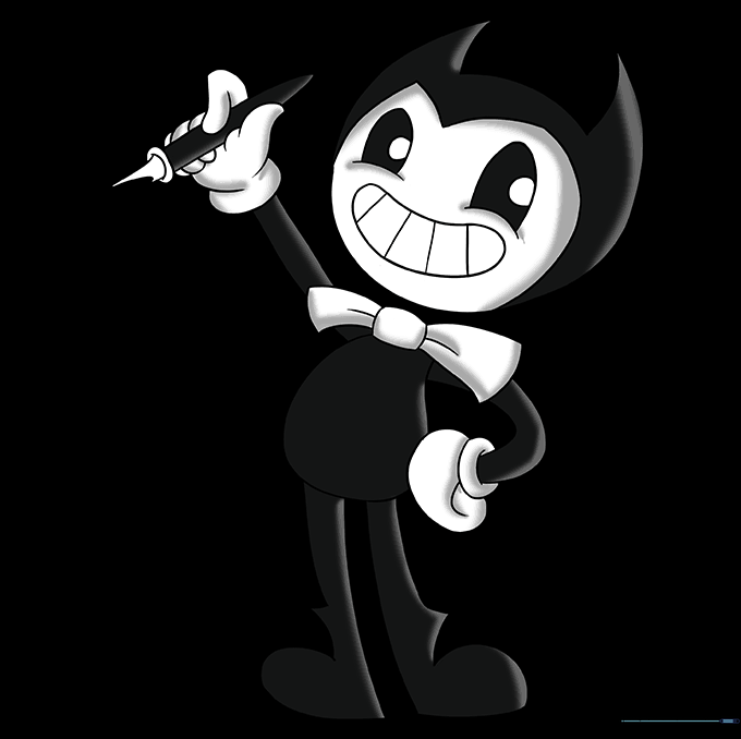 The completed Bendy drawing, fully inked with black and white contrast.