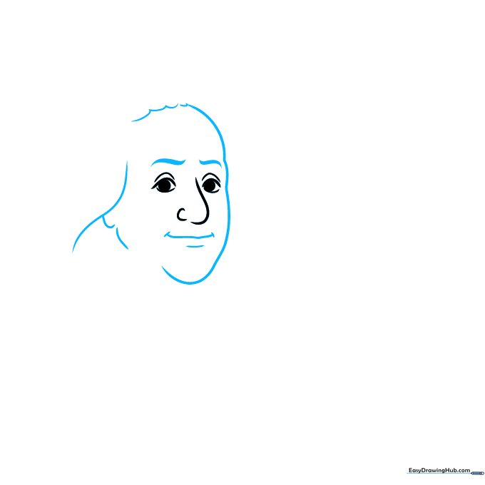 Close-up sketch of Benjamin Franklin's eyes and nose showing initial pencil guidelines.