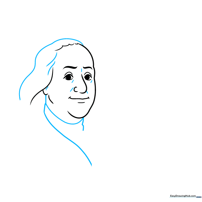 Drawing the facial structure and hair outline of Benjamin Franklin.