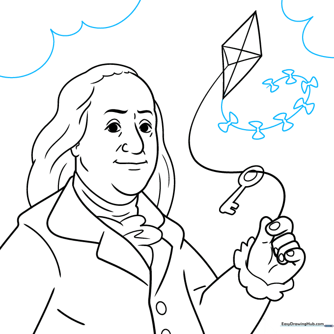 Drawing the kite tail and clouds in the background.