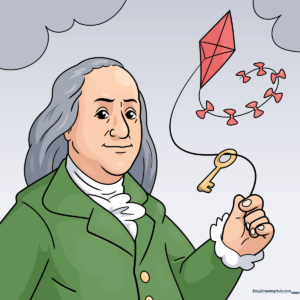 A completed, colored portrait of Benjamin Franklin holding a kite, perfect for educational art projects.