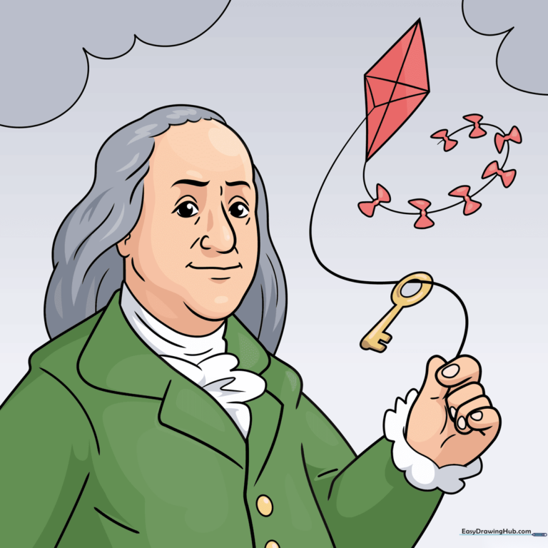 A completed, colored portrait of Benjamin Franklin holding a kite, perfect for educational art projects.
