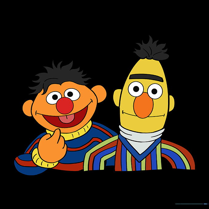 Finished drawing of Bert and Ernie fully colored in their signature yellow and orange.