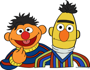 Colorful, finished illustration of Bert and Ernie standing side-by-side.