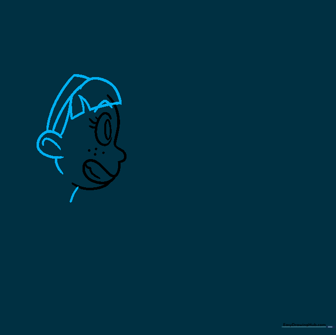 Drawing of a girl's head profile with bangs, a headband, and an ear outline.