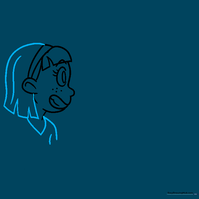 Detailed sketch of the girl's hair flowing down and the start of her blouse collar.